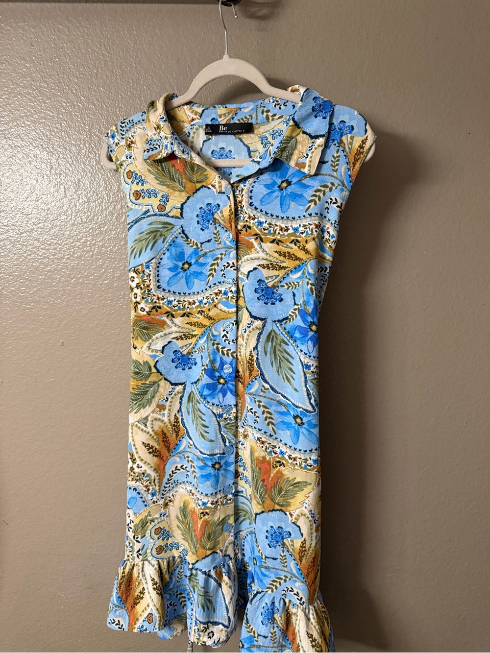 Sleeveless Midi Shirt Dress in Blue & Beige Floral
